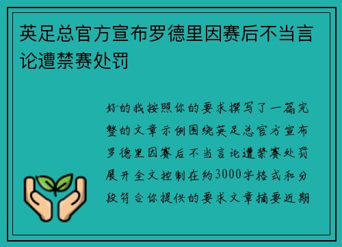 英足总官方宣布罗德里因赛后不当言论遭禁赛处罚