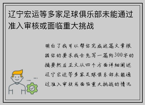辽宁宏运等多家足球俱乐部未能通过准入审核或面临重大挑战 辽宁宏运等多家足球俱乐部未能通过准入审核或面临重大挑战