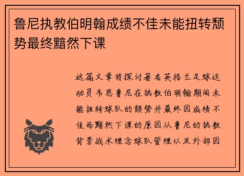 鲁尼执教伯明翰成绩不佳未能扭转颓势最终黯然下课